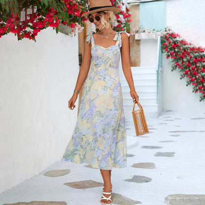 Floral Print Sweetheart Ruched Bust Tie-Shoulder A-Line Midi Dress