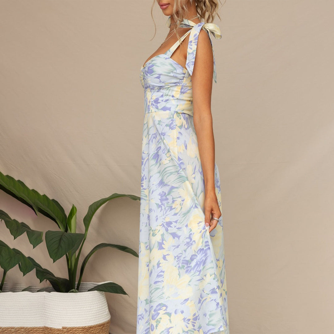 Floral Print Sweetheart Ruched Bust Tie-Shoulder A-Line Midi Dress