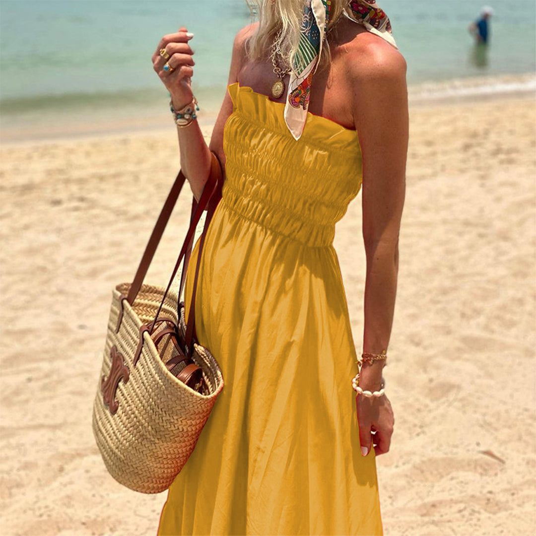 Strapless Smocked Ruffle Hem Tube Maxi Dress
