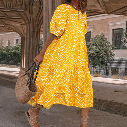 Ditsy Dot Print Puff Sleeve Round Neck Tiered Midi Dress