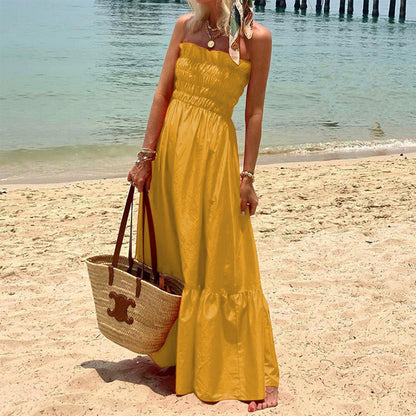 Strapless Smocked Ruffle Hem Tube Maxi Dress