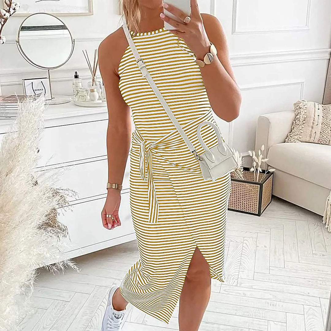 Horizontal Stripe High Neck Tie Waist Wrap Slit Midi Dress