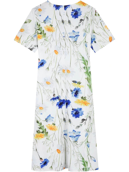 Scoop Neck Pleated Bodice Wildflower Print Pocket Knee Length Dress