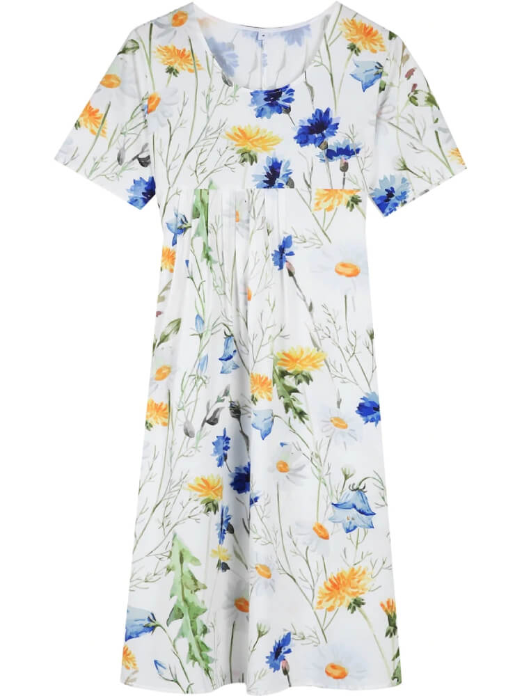 Scoop Neck Pleated Bodice Wildflower Print Pocket Knee Length Dress