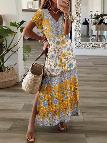 Deep V Neck Flutter Sleeve Empire Waist Tiered Paisley Panel Side Slit Maxi Dress