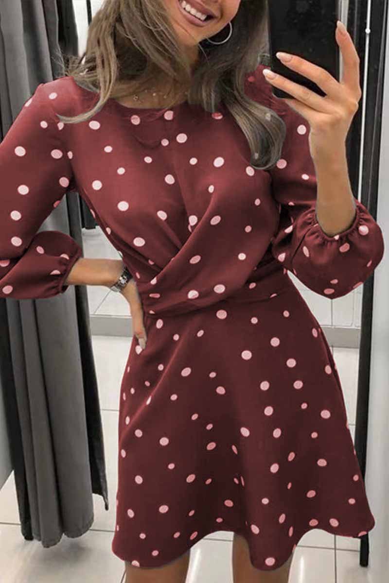 Polka Dot Round Neck Puff Sleeve Wrap Front Ruched Skater Mini Dress