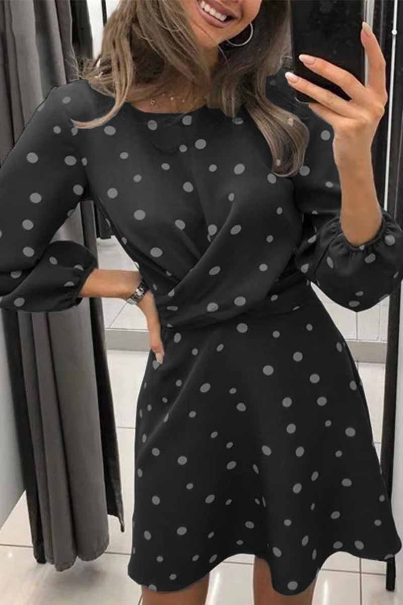 Polka Dot Round Neck Puff Sleeve Wrap Front Ruched Skater Mini Dress
