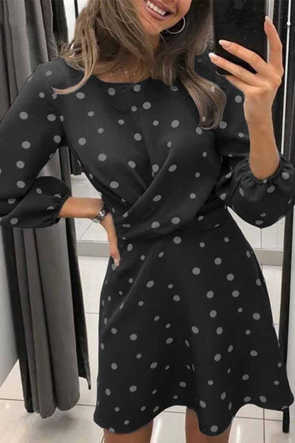 Polka Dot Round Neck Puff Sleeve Wrap Front Ruched Skater Mini Dress