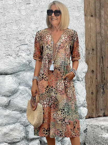 V Neck Half Sleeve Abstract Mosaic Print Pocket Midi Dress