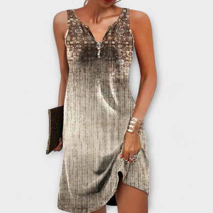 V-Neck Button Front Floral Border Print Tank Mini Dress