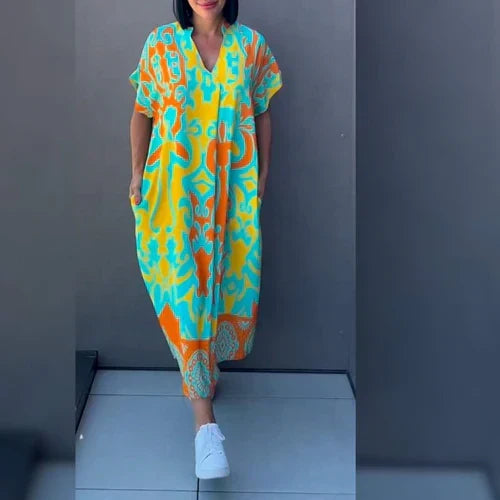 V Neck Short Sleeve Oversized Damask Print Border Hem Maxi Dress