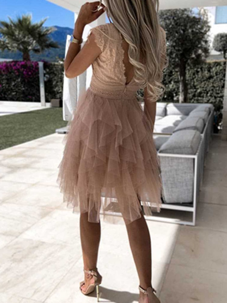 Women's V-Neck Sleeveless Lace Midi Dress – Wedding Guest Gown