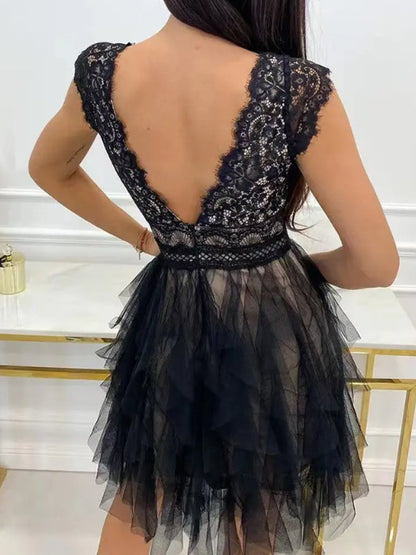 Women's V-Neck Sleeveless Lace Midi Dress – Wedding Guest Gown