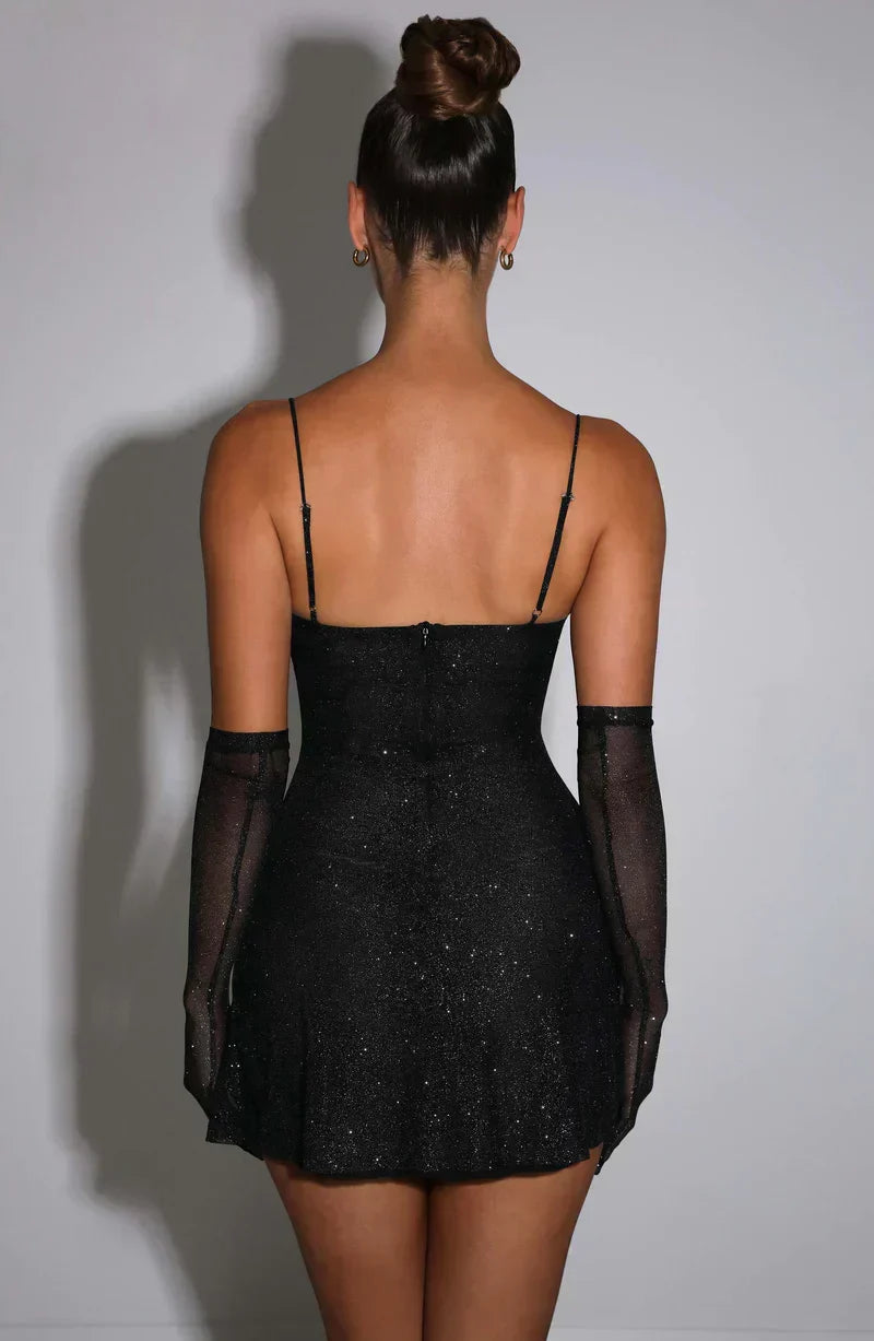 Glitter Sweetheart Spaghetti Strap Mini Dress with Mesh Opera Gloves