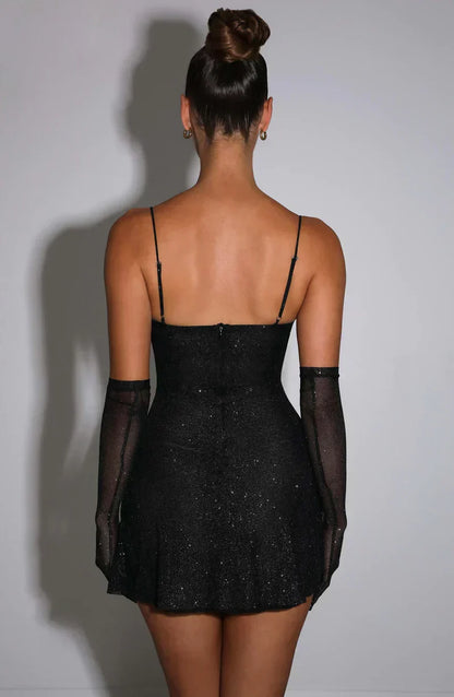 Glitter Sweetheart Spaghetti Strap Mini Dress with Mesh Opera Gloves