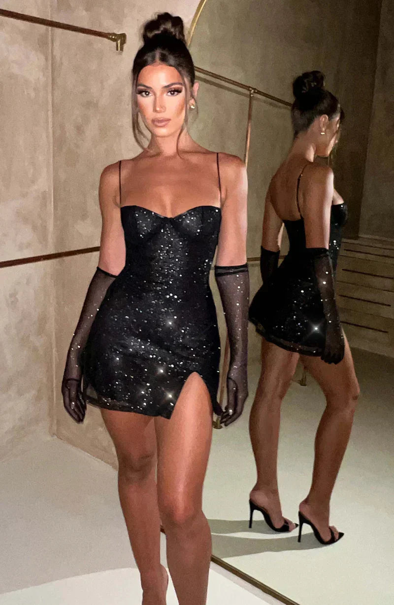 Glitter Sweetheart Spaghetti Strap Mini Dress with Mesh Opera Gloves