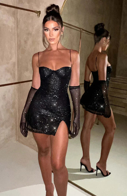 Glitter Sweetheart Spaghetti Strap Mini Dress with Mesh Opera Gloves