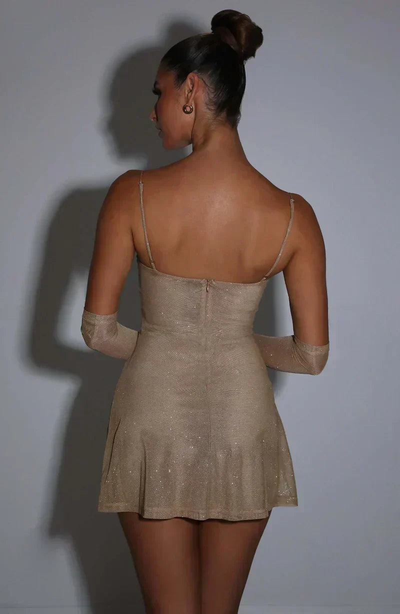 Glitter Sweetheart Spaghetti Strap Mini Dress with Mesh Opera Gloves