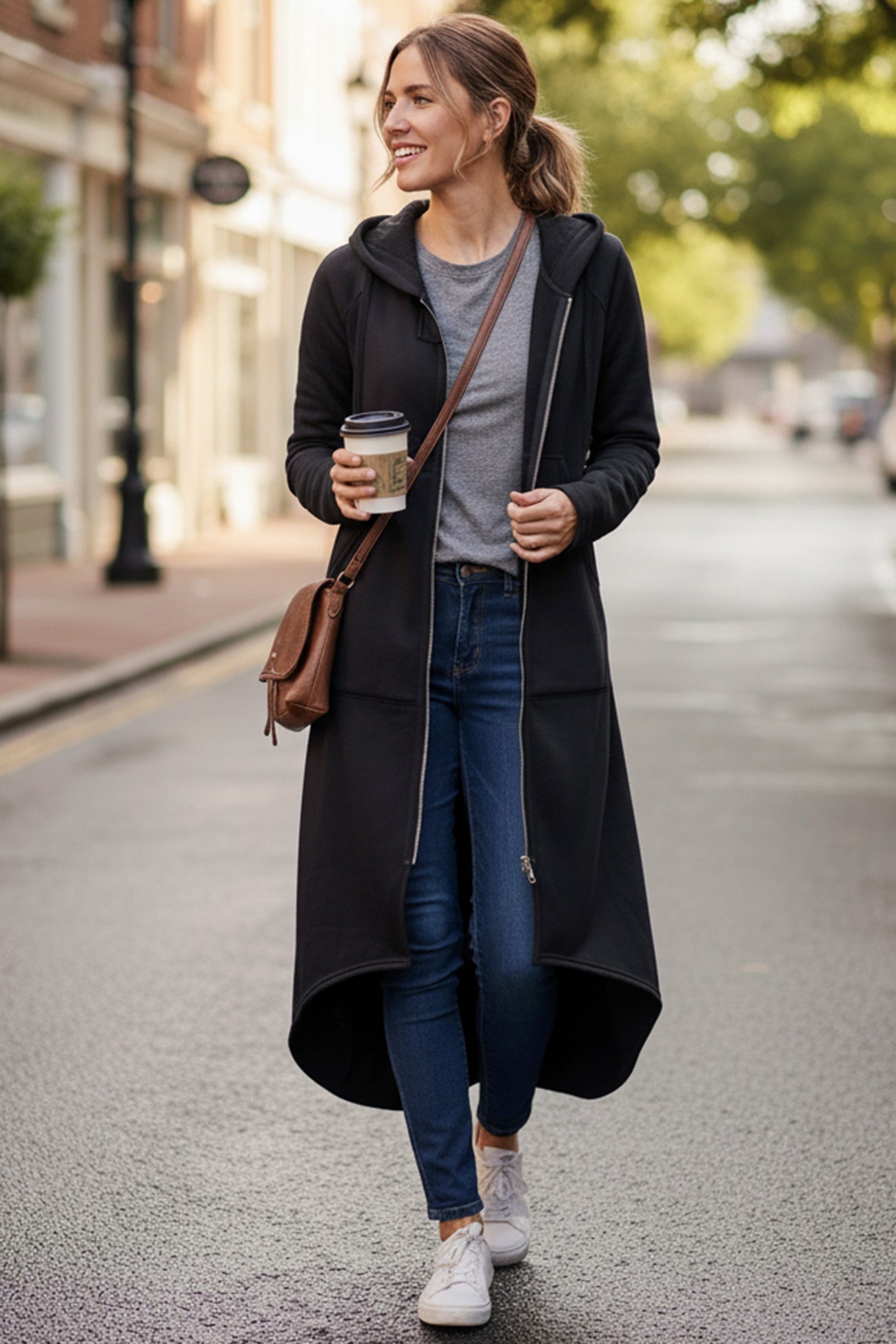 Zip-up High Low Drawstring Hem Long Hoodie
