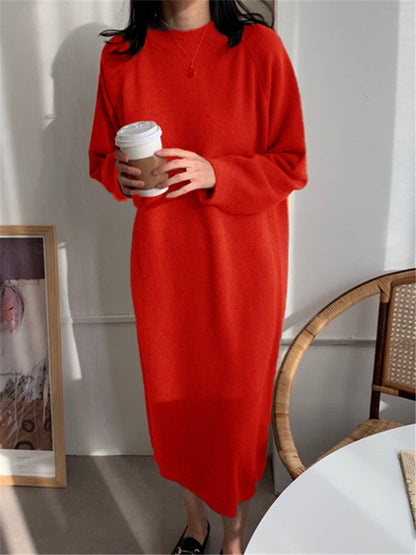 Crew Neck Raglan Sleeve Rib Knit Side Slit Midi Sweater Dress