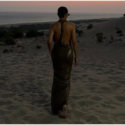 Halter Deep V Neck Sleeveless Fishtail Dress