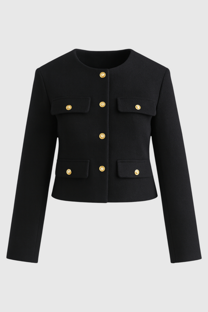 Cropped Button Jacket | Round Neck, Pocket Flaps, Regular Fit
