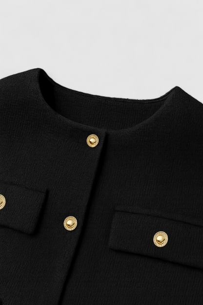 Cropped Button Jacket | Round Neck, Pocket Flaps, Regular Fit
