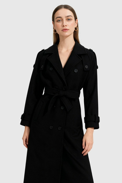 Long Double-Breasted Coat | Belted Waist | Relaxed Fit