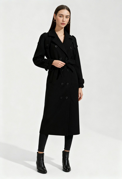 Long Double-Breasted Coat | Belted Waist | Relaxed Fit