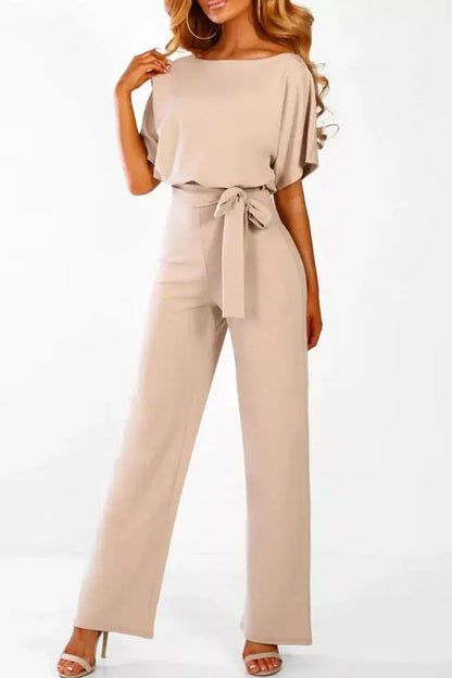 | Wide-Leg Belted Short Sleeve Jumpsuit