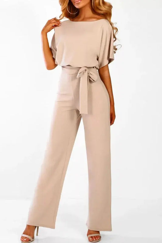 | Wide-Leg Belted Short Sleeve Jumpsuit