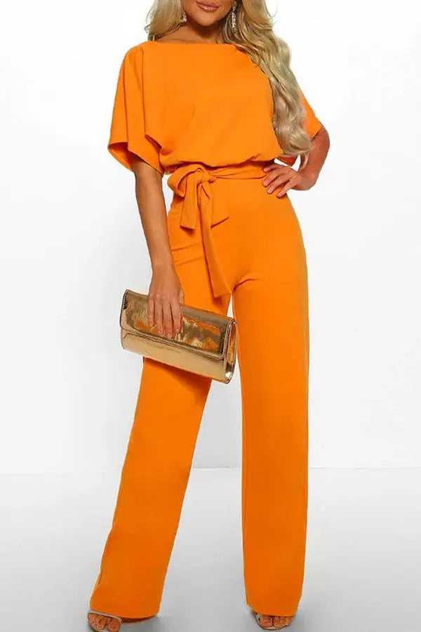 | Wide-Leg Belted Short Sleeve Jumpsuit