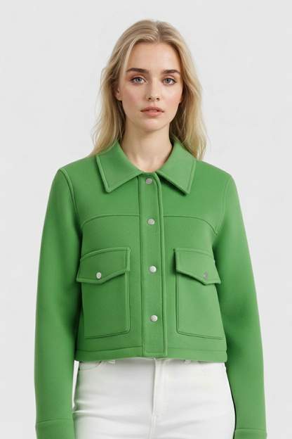 Cropped Button Jacket | Square Collar, Front Pocket Detail