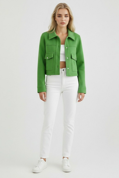 Cropped Button Jacket | Square Collar, Front Pocket Detail