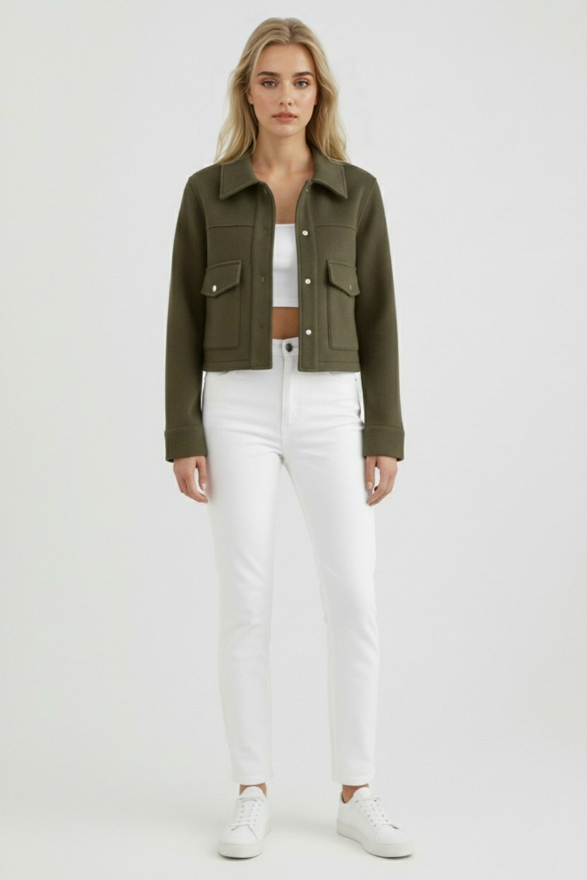 Cropped Button Jacket | Square Collar, Utility Pocket Detail