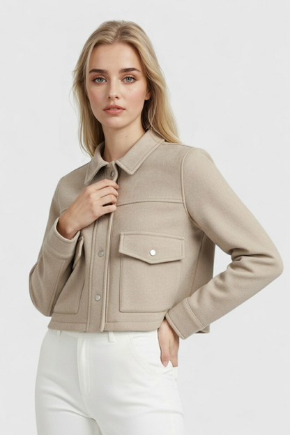 Cropped Button Jacket | Square Collar, Pocket Detail, Long Sleeve