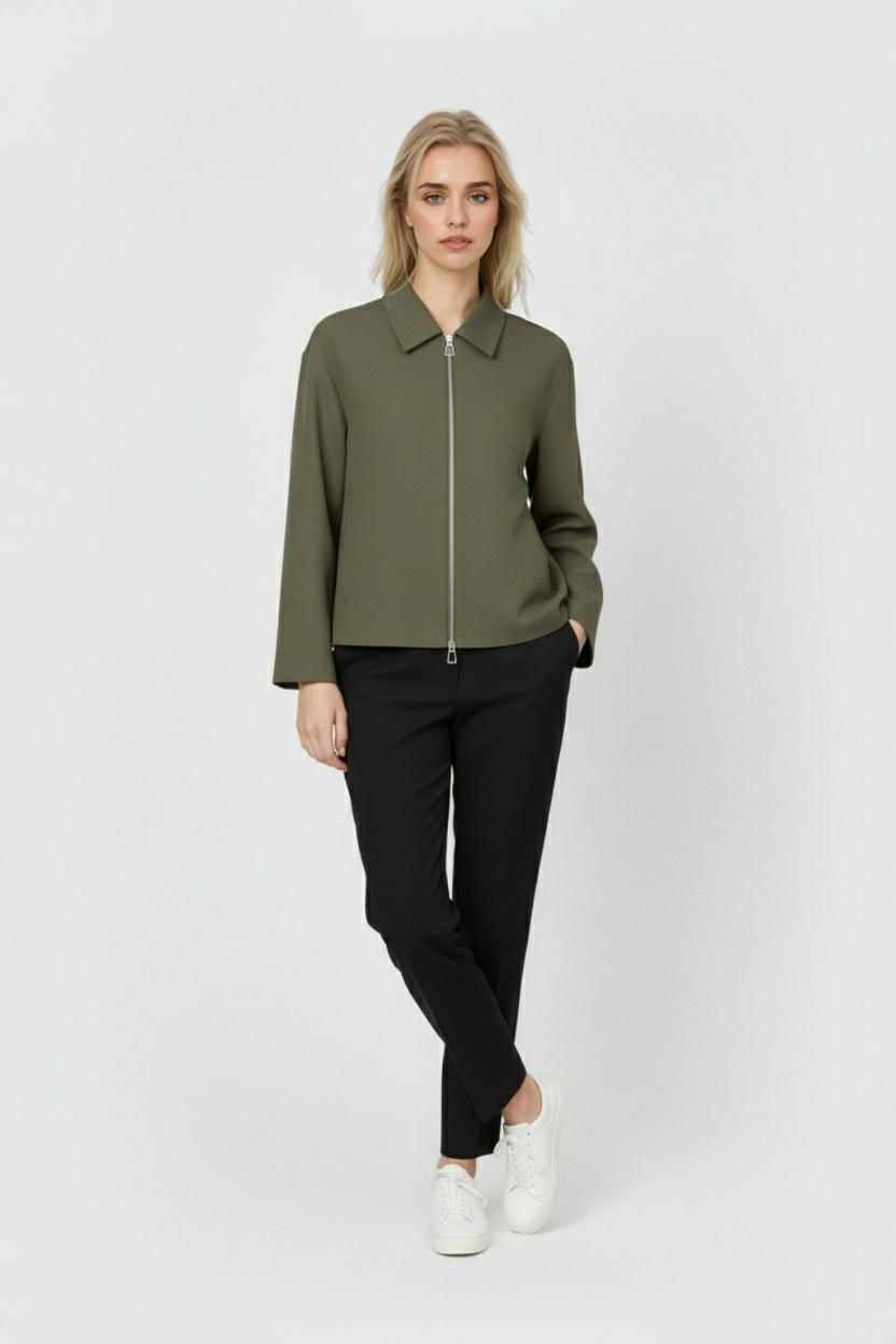 Cropped Zip Front Jacket | Smooth Polyester | Point Collar | Relaxed Fit