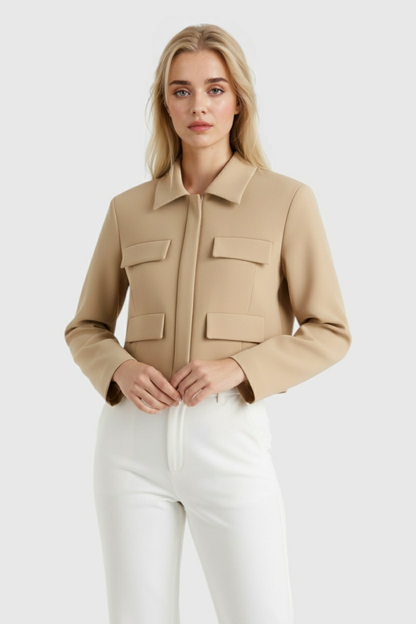 Cropped Utility Jacket | Front Flap Pockets, Turn-Down Collar