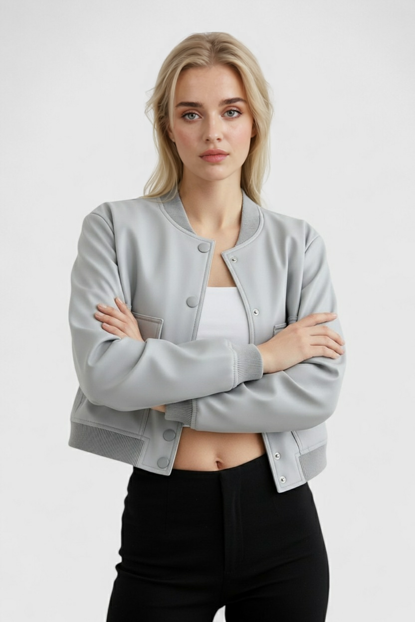 Maison Bomber Jacket | Ribbed O-Neck Button Front Relaxed Silhouette