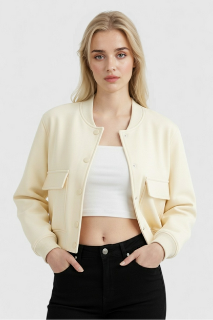 Maison Bomber Jacket | Ribbed O-Neck Button Front Relaxed Silhouette