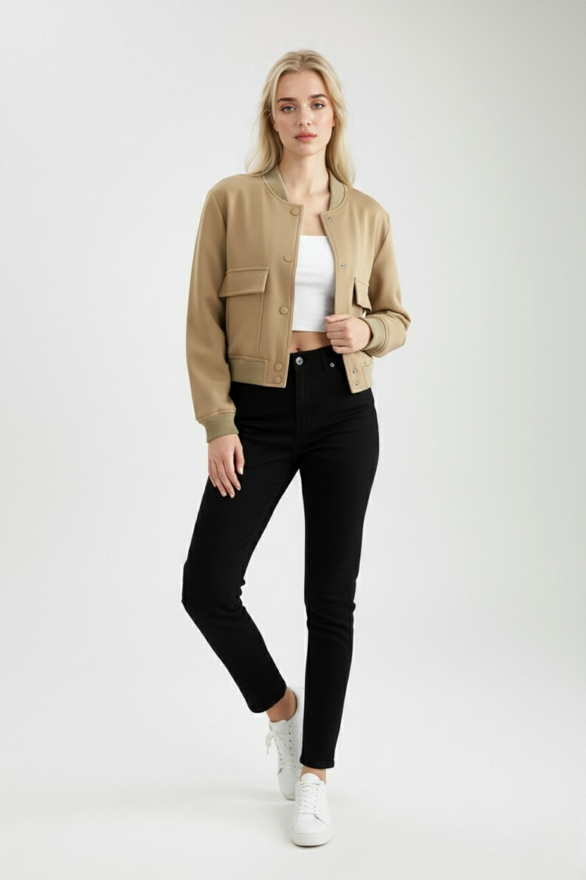 Maison Bomber Jacket | Ribbed Collar Button Front Relaxed Fit