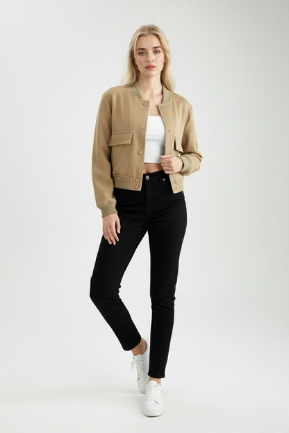 Maison Bomber Jacket | Ribbed Collar Button Front Relaxed Fit
