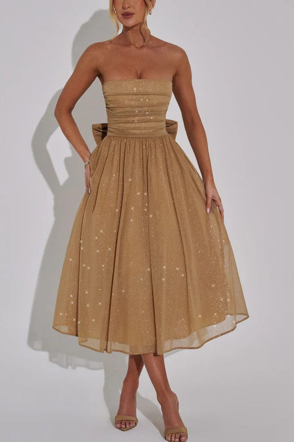 Glitter Mesh Strapless Ruched Fit-and-Flare Pocket Midi Dress