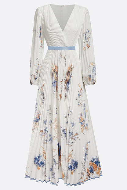 Unique Printed V-Neck Long Sleeve Bow Tie Waist Holiday Maxi Dress