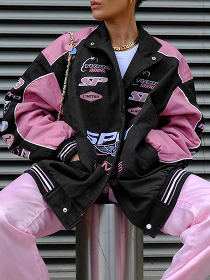 Retro Print Contrast Color Moto Jacket
