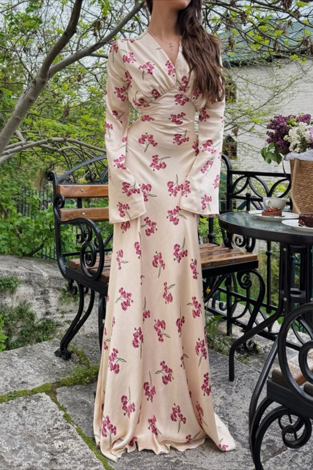 Deep V Neck Bell Sleeve Scattered Floral Satin Maxi Gown