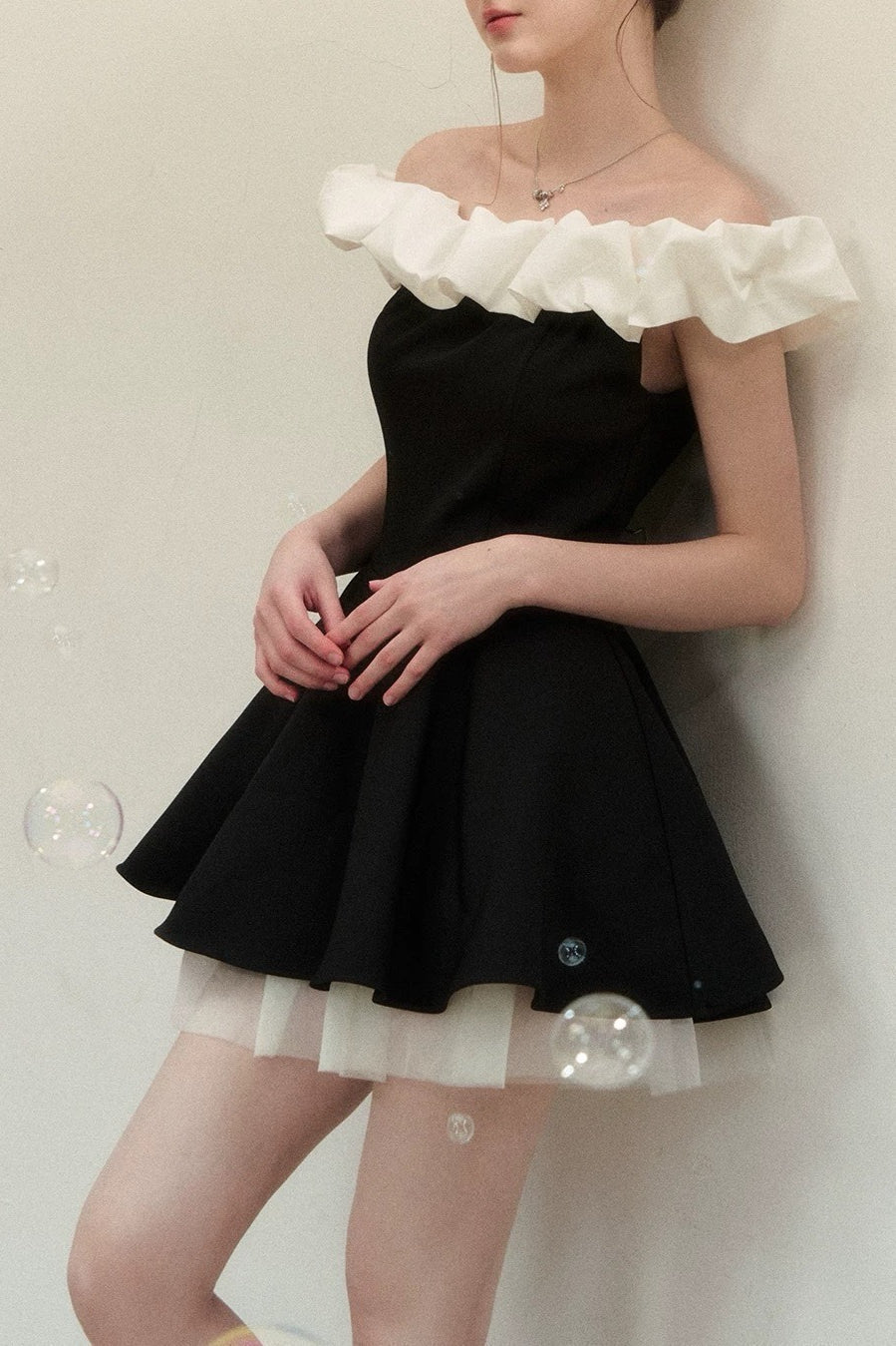 Off Shoulder Ruffle Trim Contrast Panel Pleated Skater Mini Dress