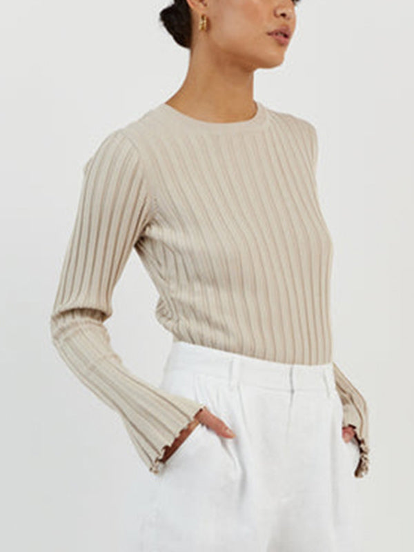 Solid Ribbed Crew Neck Long Sleeve Knit