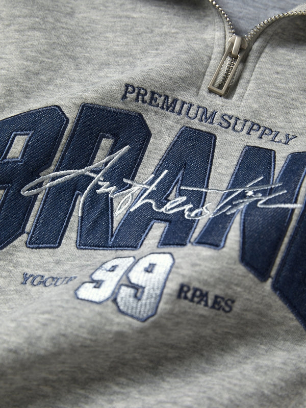 Denim Splice Letter Print Lapel Neck Oversized Hoodie