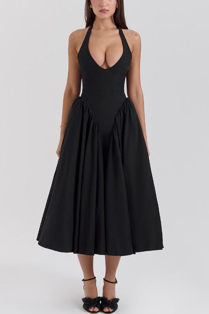 Deep V-Neck Halter Pointed Bodice Fit-and-Flare Midi Dress